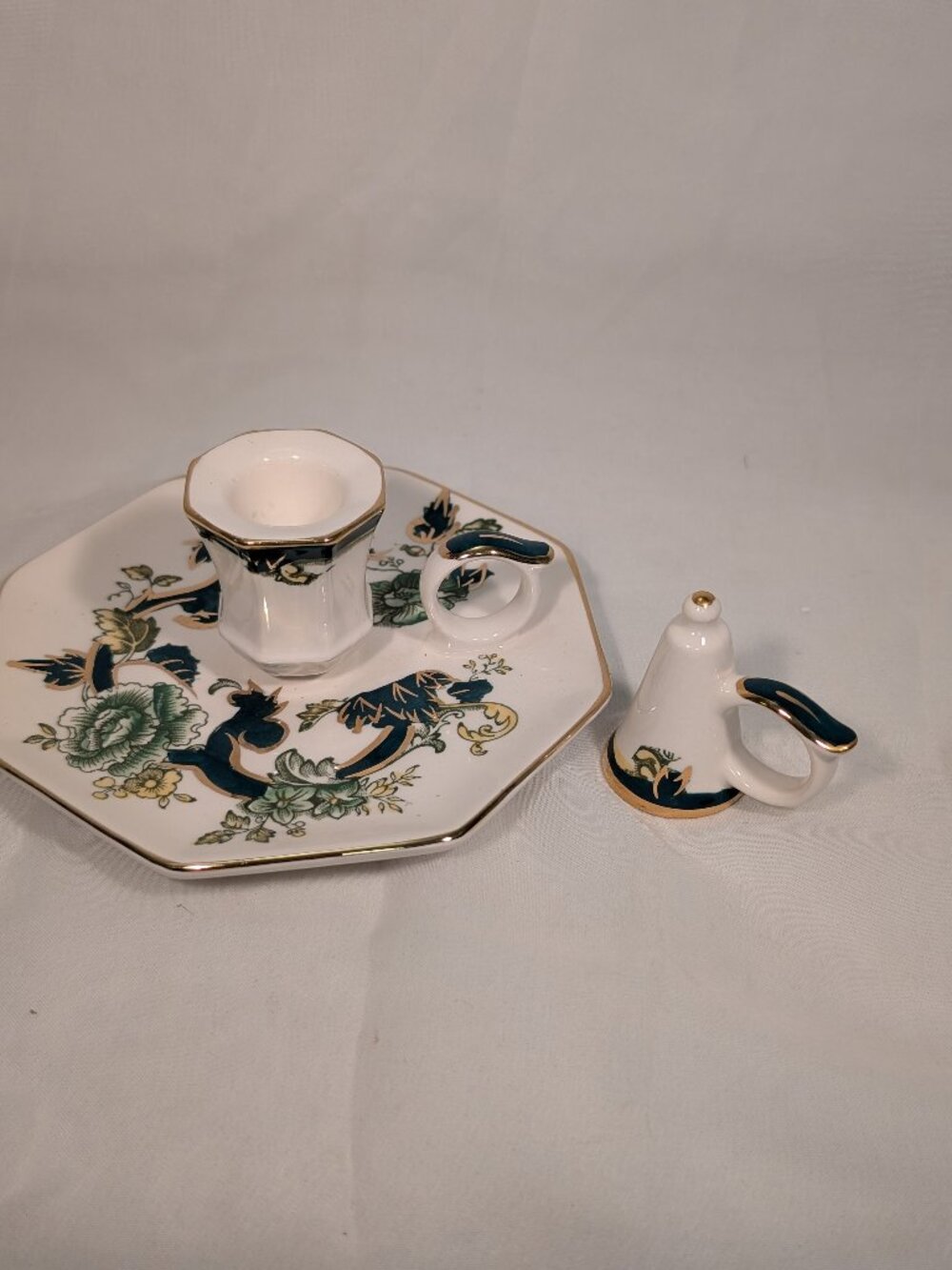 MASON'S CHARTREUSE   Hand Painted Candle Stand and Snuff Chamberstick